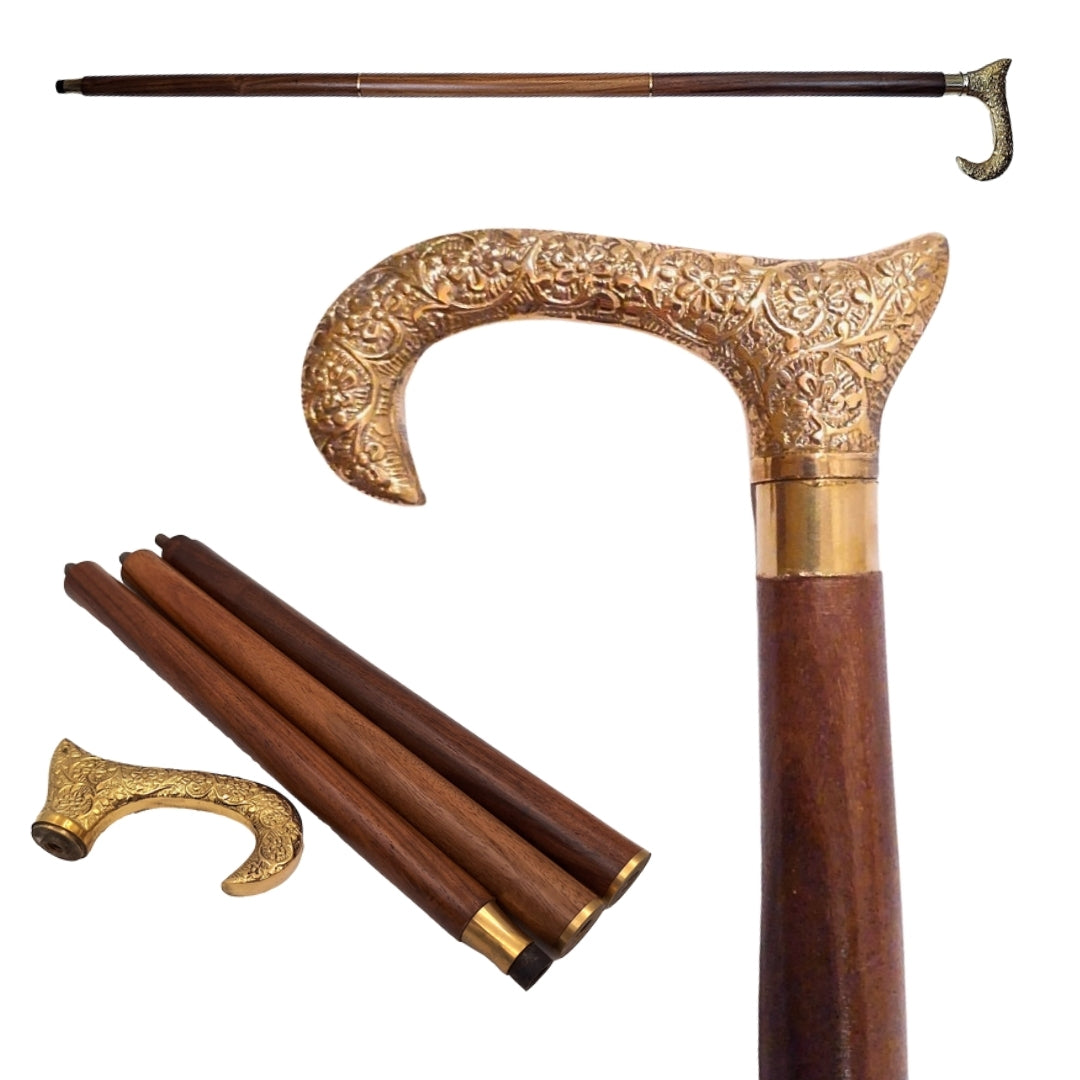 Bastone da Passeggio in Legno con Manico Dorato - Pieghevole - Regalo Elegante con Possibilità di Personalizzazione Incisa - 91,5 cm, Marrone con Impugnatura in Ottone
