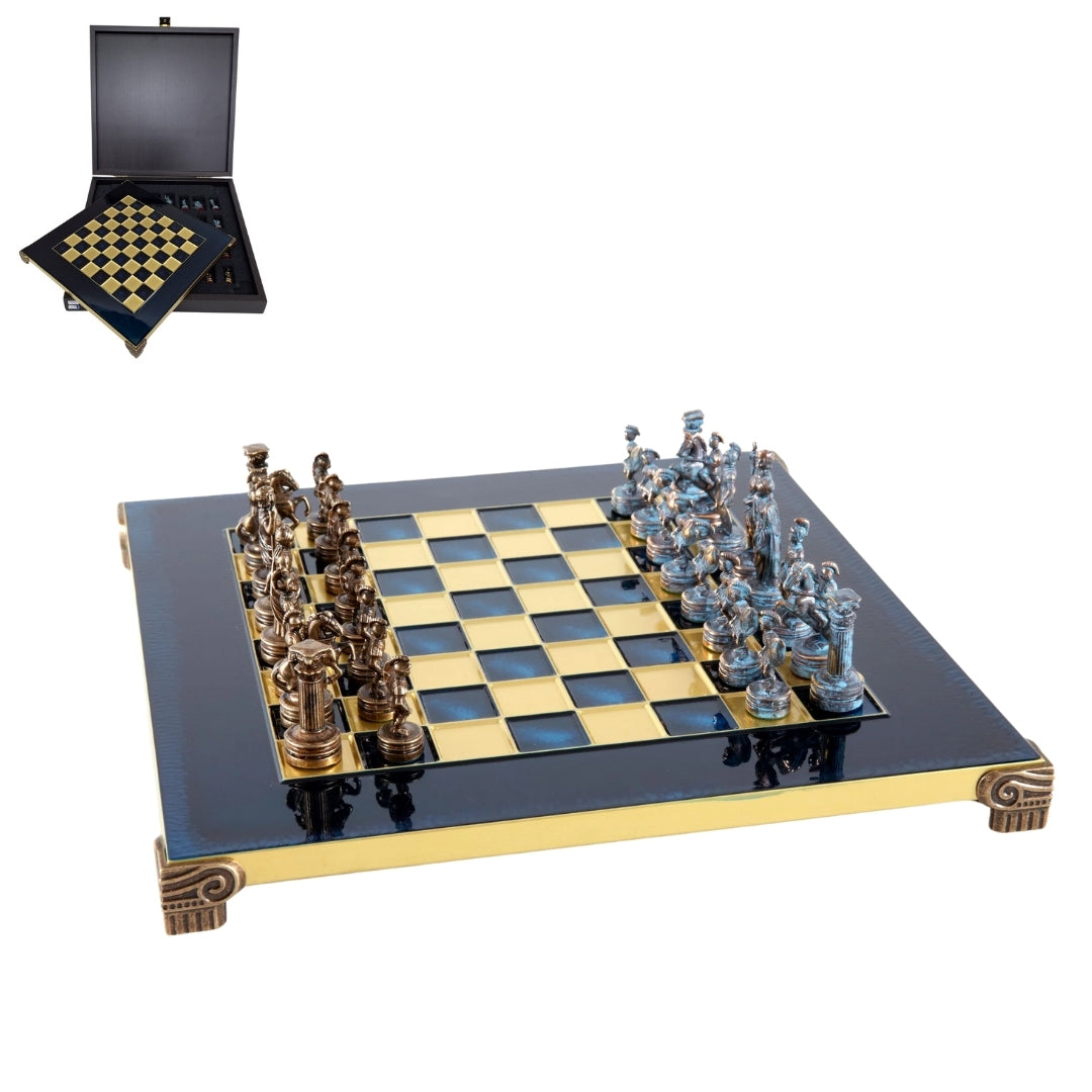 Scacchi in ottone 28 x 28 cm con incisione personalizzata – Regalo esclusivo per scacchisti, finitura a mano di alta qualità, colore antico con scacchiera blu navy e oro