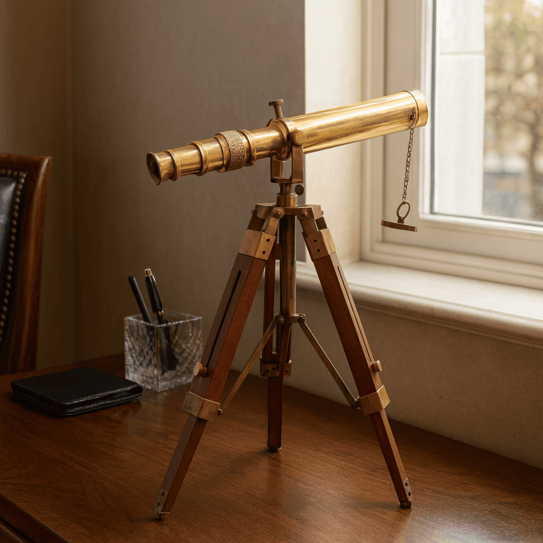 Cannocchiale retrò in ottone su treppiede in legno con altezza regolabile e opzione incisione