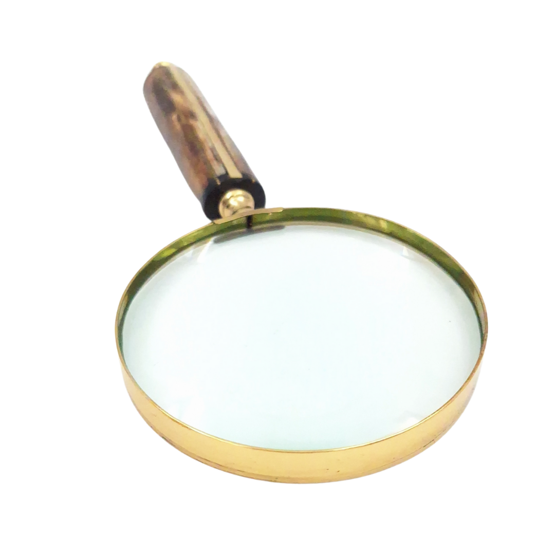 Lente d'ingrandimento MFM con montatura in ottone e manico in osso, ingrandimento 3.5x, personalizzazione con incisione, ideale come regalo per collezionisti, colore oro e bianco/crema, dimensioni 10 x 23 x 1.9 cm
