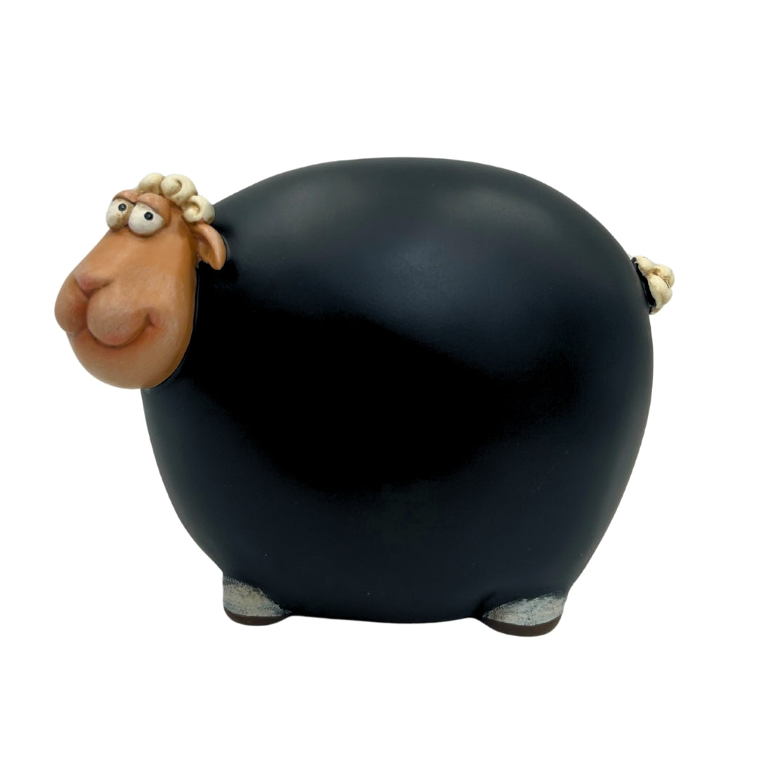 Salvadanaio Pecorella con vernice lavagna con possibilità di personalizzazione - Nero con elementi beige e bianchi, altezza 19,5 cm