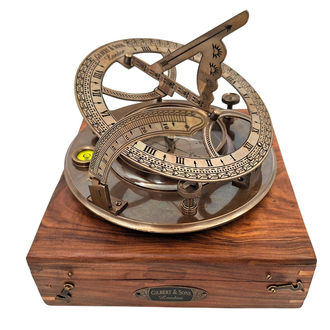 Grande bussola in ottone XXL con orologio solare in elegante scatola di legno