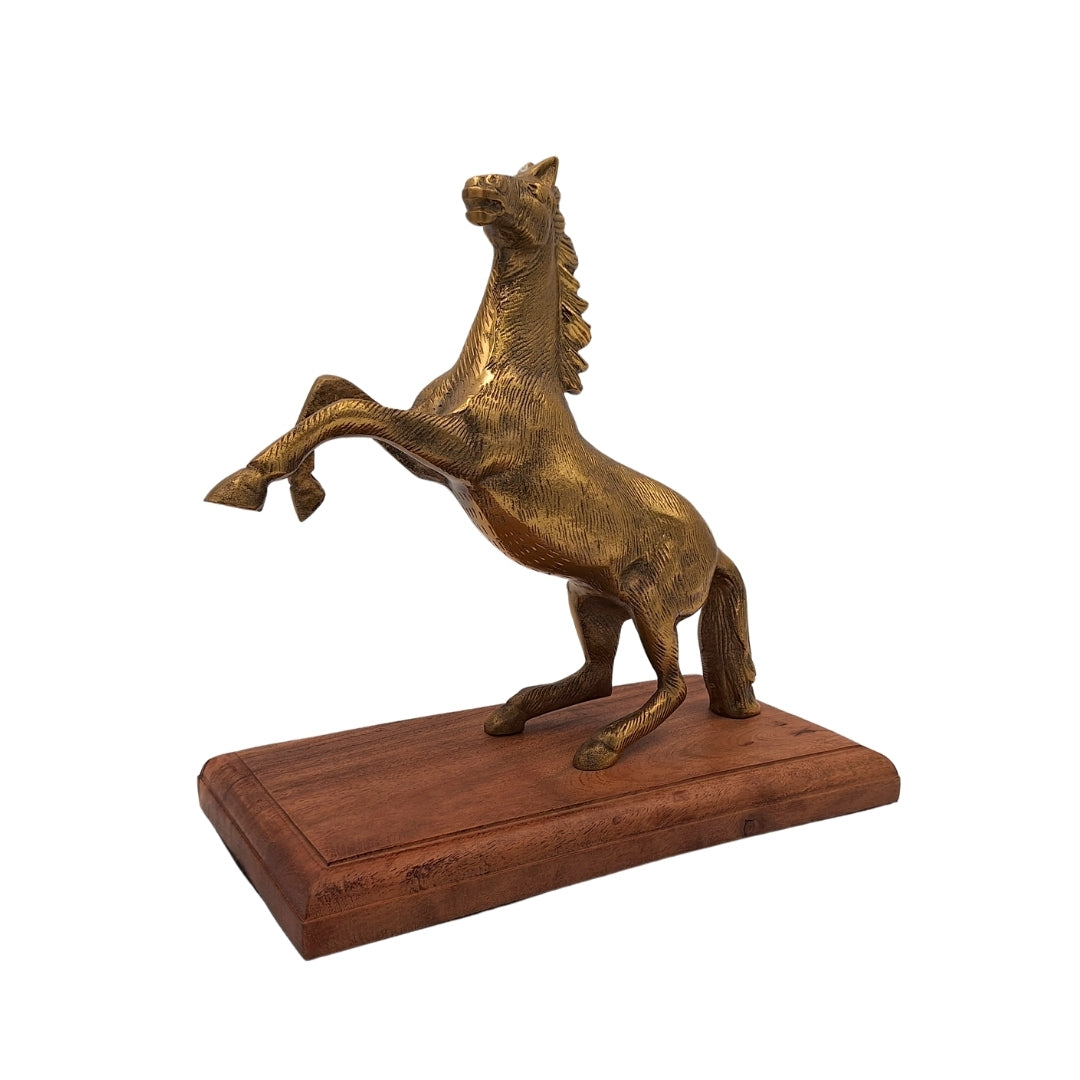Statua di Cavallo in Alluminio su Base in Legno con Possibilità di Personalizzazione Incisa - Regalo Elegante in Colore Oro e Marrone, Altezza 27,5 cm