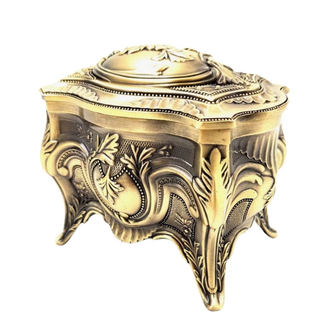 Scatola Metallica Dorata per Gioielli Retrò con Possibilità di Incisione Personalizzata - Elegante e Riccamente Decorata, Ideale come Regalo - Dimensioni: 10,8 x 7,7 x 9,2 cm, Massiccia e Imponente, Perfetta per Conservare Oggetti Preziosi