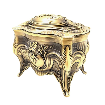 Scatola Metallica Dorata per Gioielli Retrò con Possibilità di Incisione Personalizzata - Elegante e Riccamente Decorata, Ideale come Regalo - Dimensioni: 10,8 x 7,7 x 9,2 cm, Massiccia e Imponente, Perfetta per Conservare Oggetti Preziosi