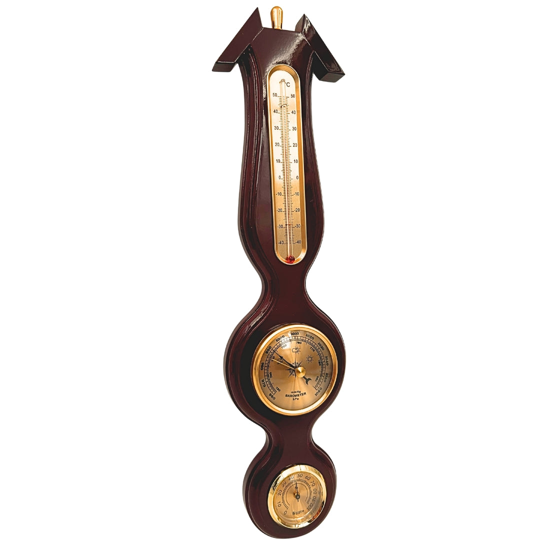 Elegante stazione meteorologica 3 in 1 con incisione – termometro, barometro, igrometro in legno scuro, 40 cm