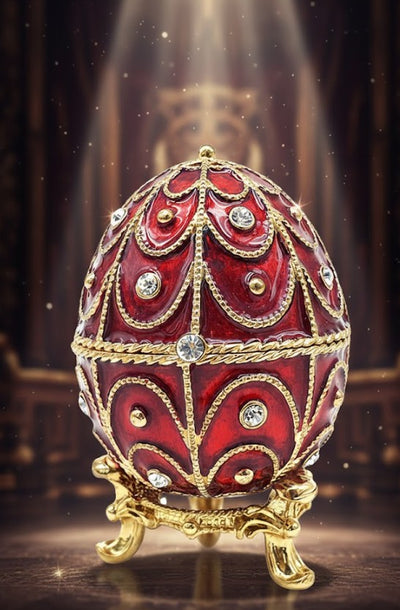 Scatola esclusiva in metallo Fabergé con cristalli in colore rosso e oro, possibilità di personalizzazione tramite incisione, ideale come regalo, dimensioni 5,5x6,5 cm