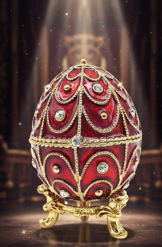 Scatola esclusiva in metallo Fabergé con cristalli in colore rosso e oro, possibilità di personalizzazione tramite incisione, ideale come regalo, dimensioni 5,5x6,5 cm