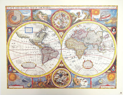 Mappa del mondo retrò con incisione - decorazione personalizzata per regalo - ristampa di John Speed del 1651 - dimensioni 52 x 39 cm - grafica colorata e dettagliata