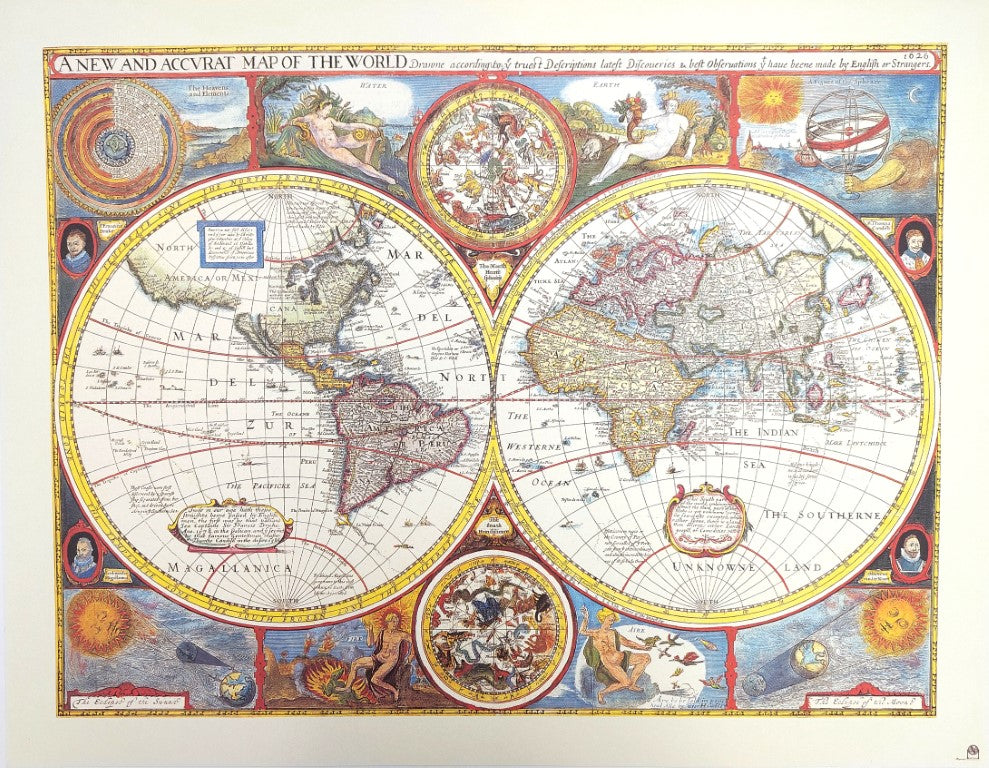 Mappa del mondo retrò con incisione - decorazione personalizzata per regalo - ristampa di John Speed del 1651 - dimensioni 52 x 39 cm - grafica colorata e dettagliata