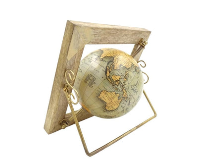 Globo decorativo GLB-40 in cornice di legno con possibilità di incisione personalizzata, mappa blu-gialla, diametro 15 cm