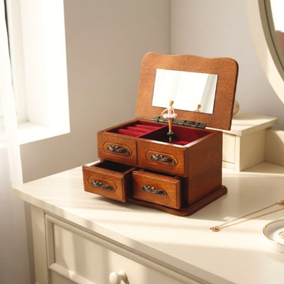 Carillon-portagioie in legno con specchietto e incisione: elegante regalo per gioielli con due cassetti, altezza 10 cm, melodia "The Entertainer"