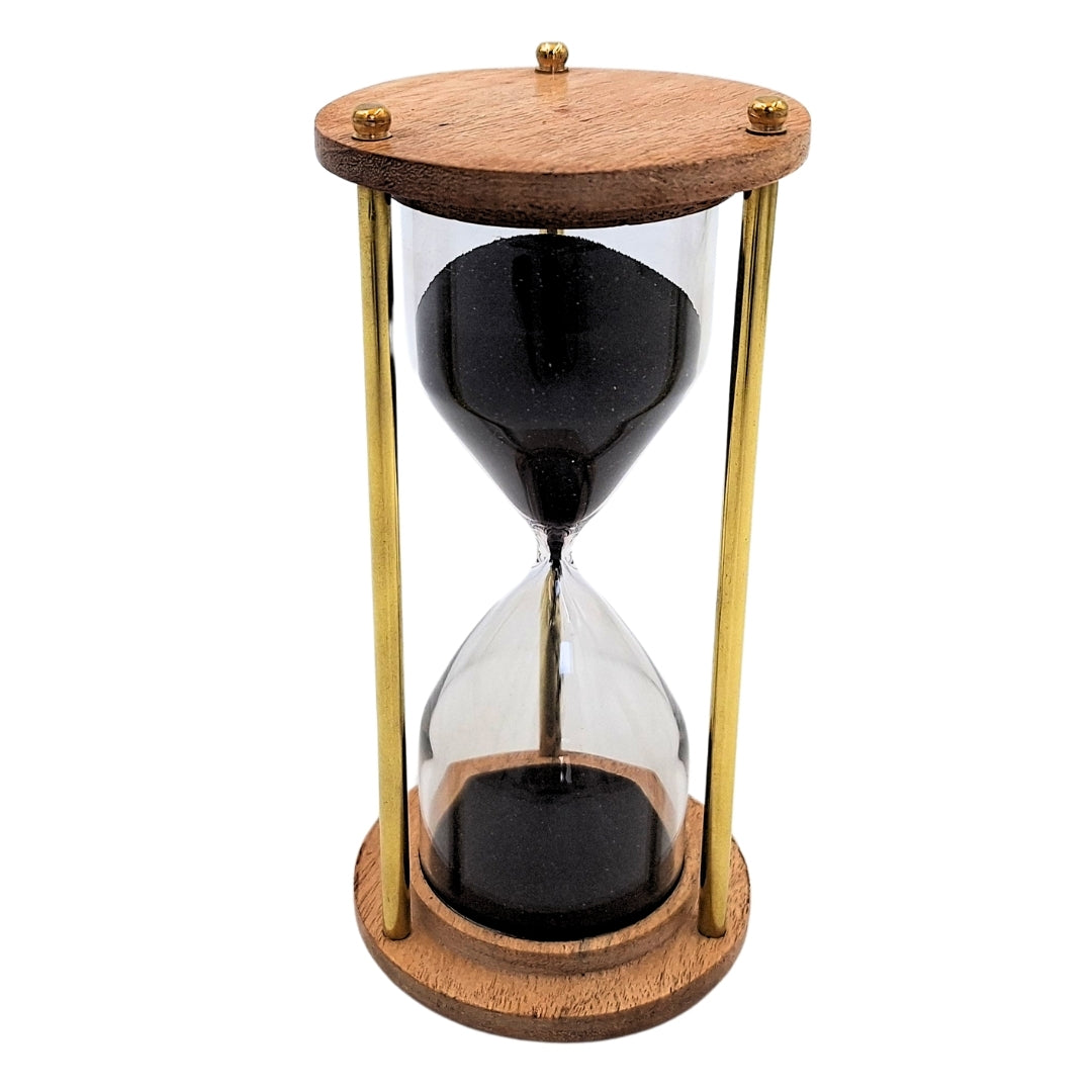 Clessidra in ottone e legno da 5 minuti con incisione personalizzata – elegante decorazione retrò per regalo – altezza 15,5 cm, sabbia nera, ottone e legno