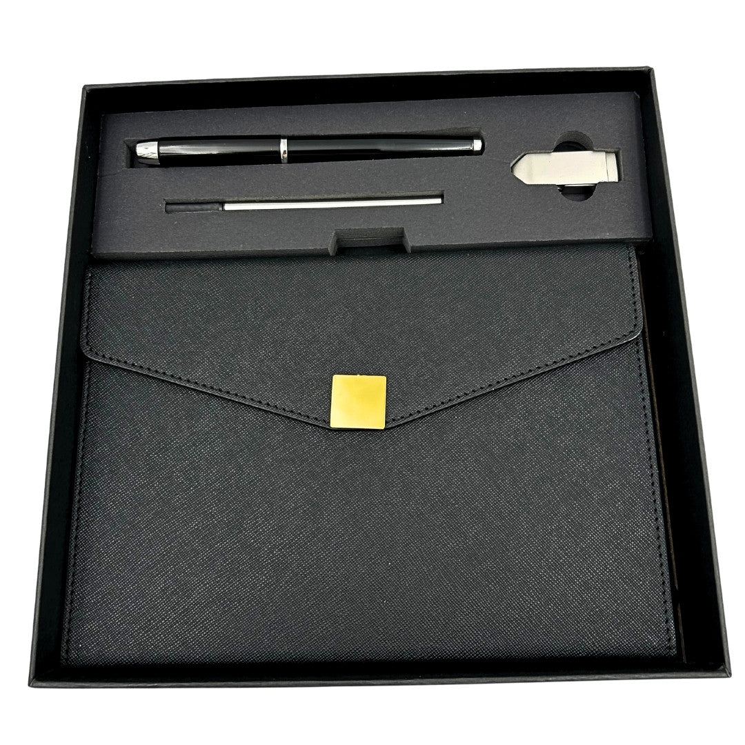 Elegante Set Regalo Premium con Personalizzazione – Taccuino in Pelle A5, Penna e Pendrive 16GB in Scatola Nero-Oro