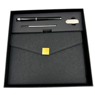 Elegante Set Regalo Premium con Personalizzazione – Taccuino in Pelle A5, Penna e Pendrive 16GB in Scatola Nero-Oro