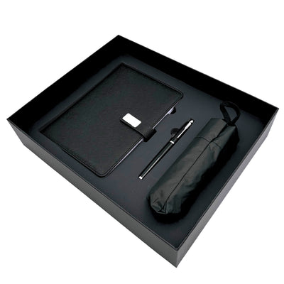 Elegante Set Regalo con Personalizzazione - Taccuino in Pelle A5, Penna e Ombrello Nero in Scatola Regalo