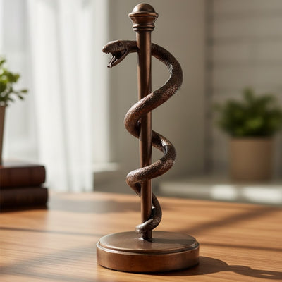Figura Bastone di Esculapio 30 cm in resina - regalo personalizzato per medici, infermieri o farmacisti - decorazione marrone/ottone con incisione