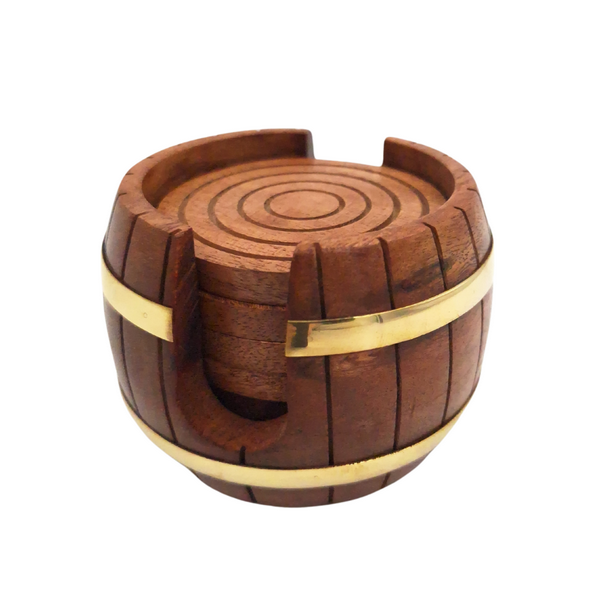 Sottobicchieri in legno con incisione - Set Barile con 6 sottobicchieri e contenitore con decorazioni in ottone