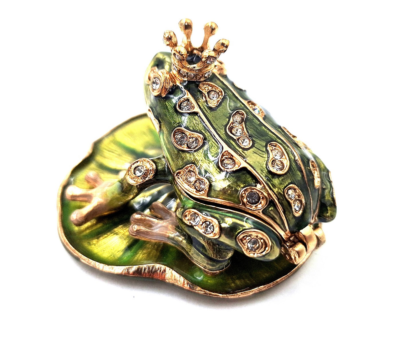 Scatoletta esclusiva in metallo a forma di rana con cristalli, verde scuro e oro, possibilità di personalizzazione tramite incisione, ideale come regalo, dimensioni 6,5x6,7x4,5 cm