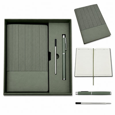 Elegante Set Regalo con Incisione Personalizzata - Taccuino in Pelle A5 Verde Oliva con Penna e Ricarica in Scatola Regalo Estetica