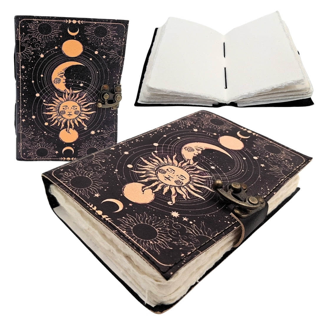 Taccuino in pelle Sole e Luna decorativo 200 pagine con possibilità di personalizzazione con incisione, blu navy, realizzato in pelle di capra, ideale come regalo