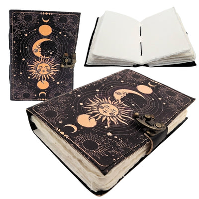 Taccuino in pelle Sole e Luna decorativo 200 pagine con possibilità di personalizzazione con incisione, blu navy, realizzato in pelle di capra, ideale come regalo