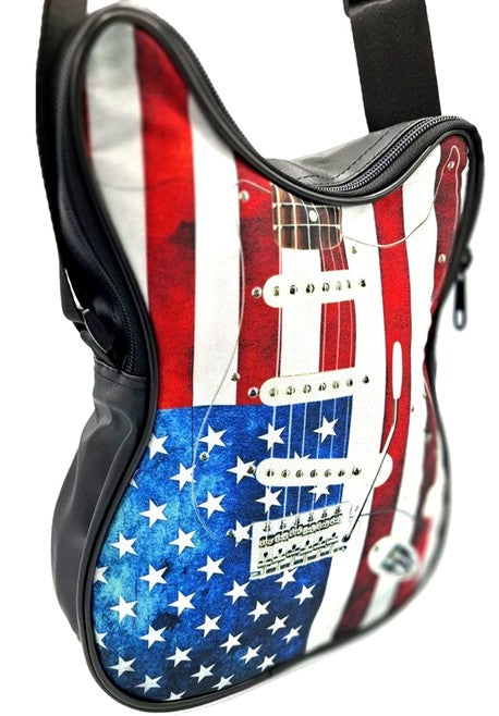 Borsa a tracolla a forma di chitarra con bandiera americana – impermeabile, con tracolla regolabile, possibilità di personalizzazione tramite incisione