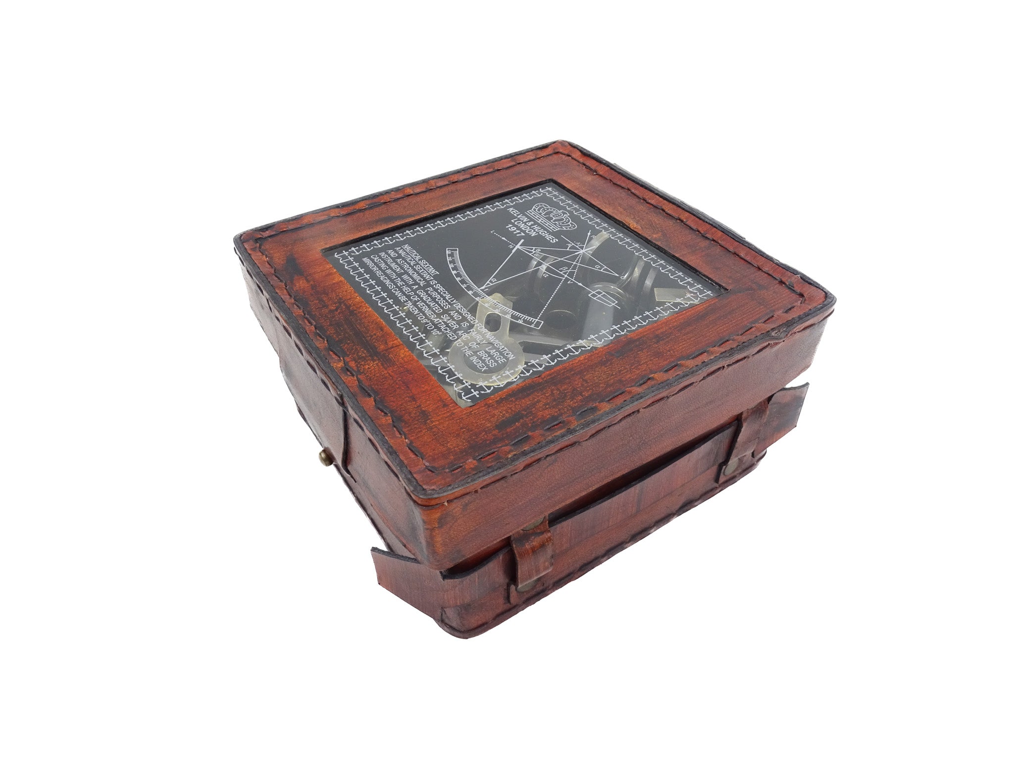 Sestante in ottone con incisione in scatola di pelle - replica del 1917, ideale come regalo per marinai e astronomi, dimensioni 13x12x6 cm, antico, materiale: ottone e vetro