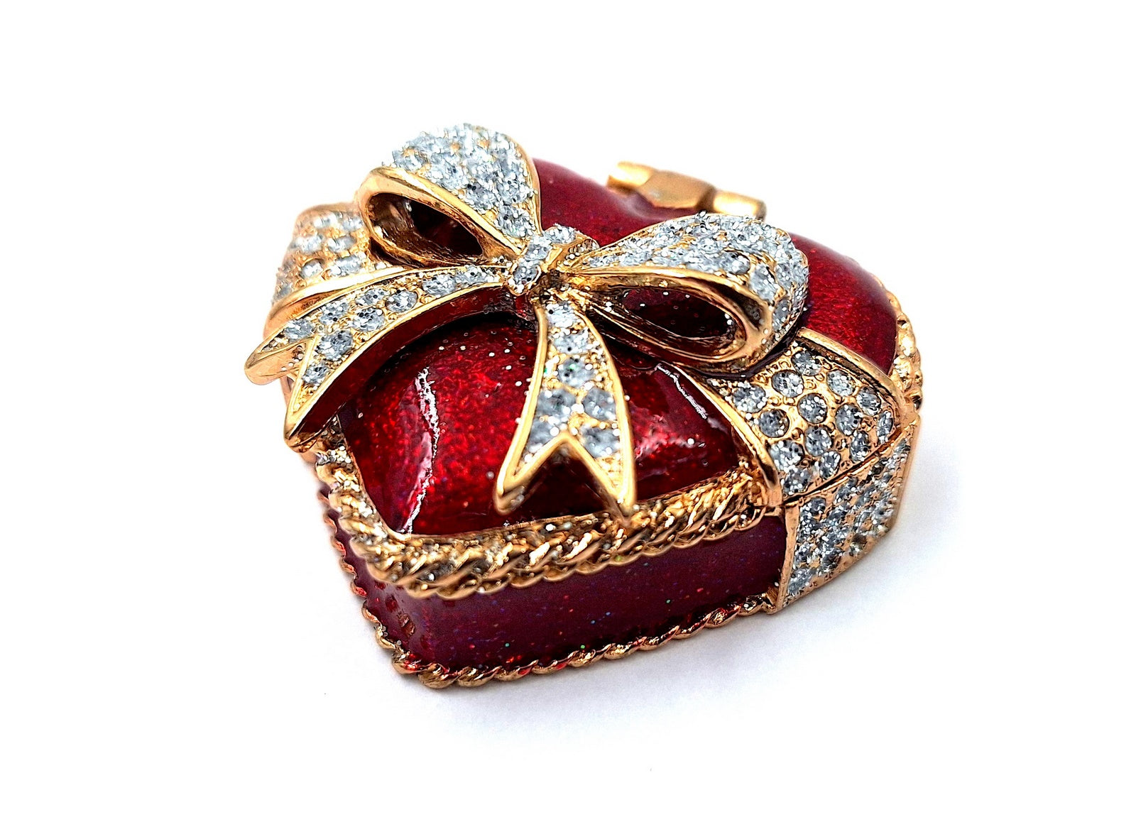 Scatoletta in metallo per gioielli a forma di cuore con cristalli, rosso, oro e argento, possibilità di personalizzazione tramite incisione, ideale come regalo romantico, dimensioni 4,8 x 4 x 2,5 cm