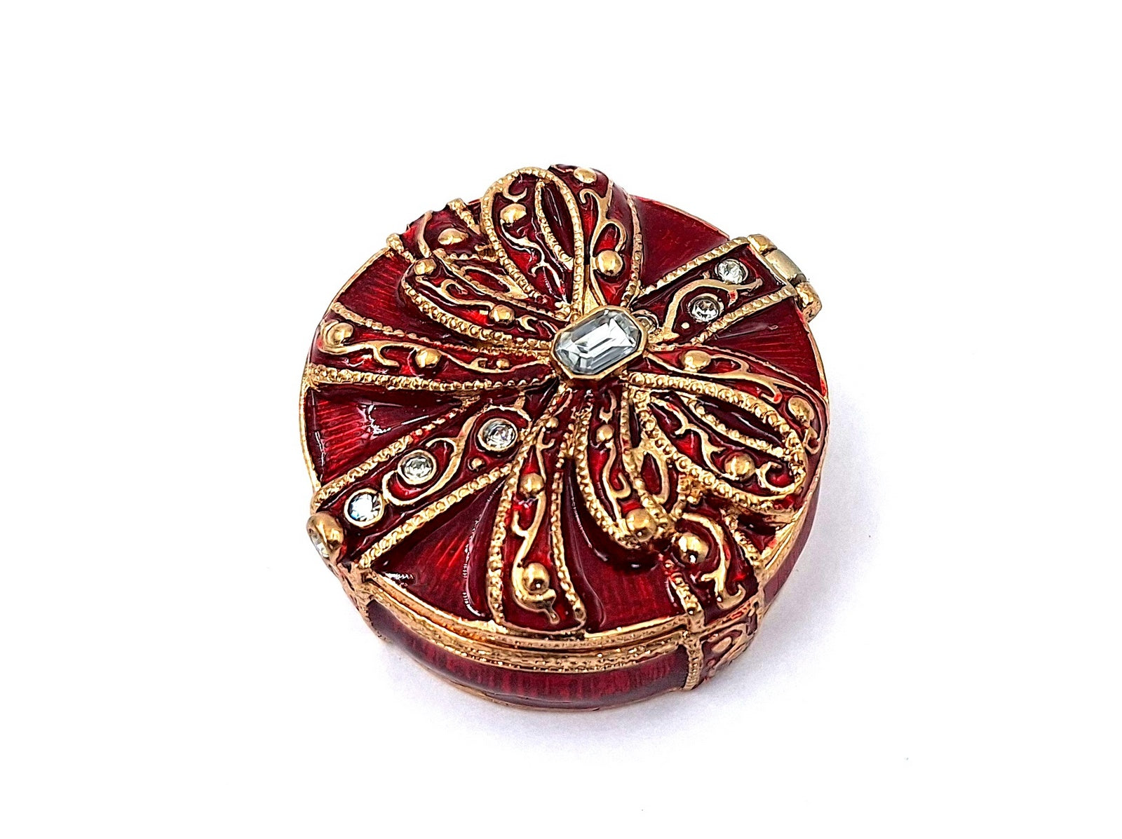 Scatoletta regalo esclusiva in metallo con cristalli B0118-08 in colore rosso e oro, possibilità di personalizzazione tramite incisione, ideale per gioielli e regalo elegante per ogni donna, dimensioni 4x4x1 cm, stile glamour