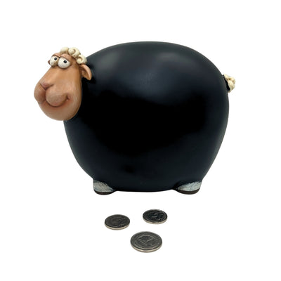 Salvadanaio Pecorella con vernice lavagna con possibilità di personalizzazione - Nero con elementi beige e bianchi, altezza 19,5 cm
