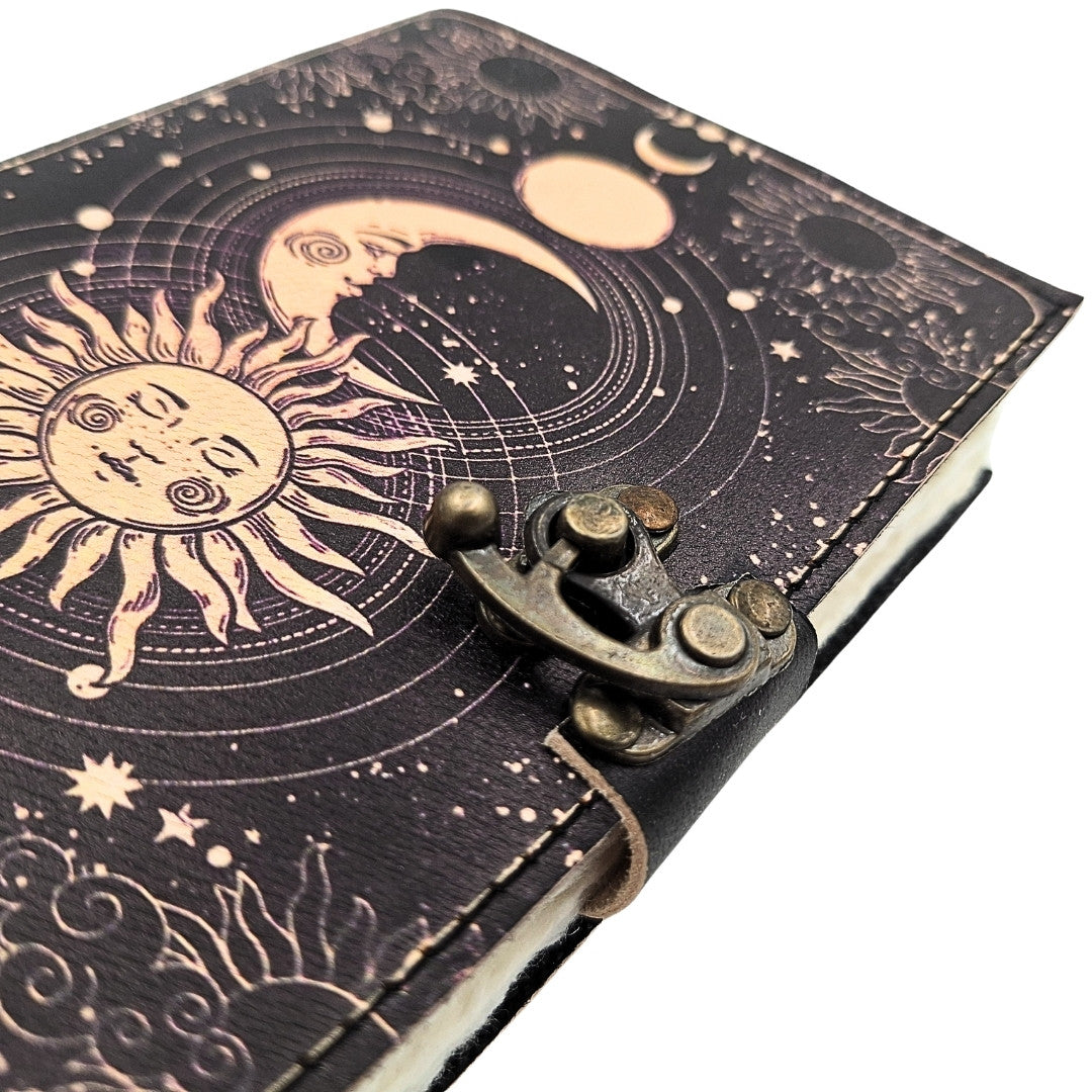 Taccuino in pelle Sole e Luna decorativo 200 pagine con possibilità di personalizzazione con incisione, blu navy, realizzato in pelle di capra, ideale come regalo
