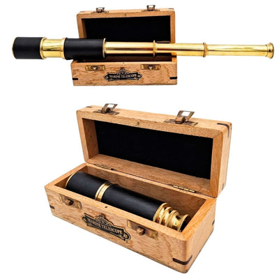 Elegante cannocchiale nautico rétro in ottone con possibilità di personalizzazione tramite incisione, in un cofanetto di legno