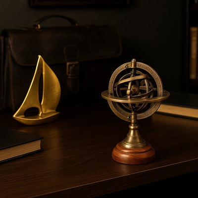 Astrolabio in ottone da 14 cm con incisione - regalo unico per appassionati di astronomia, elegante decorazione in ottone e legno color oro