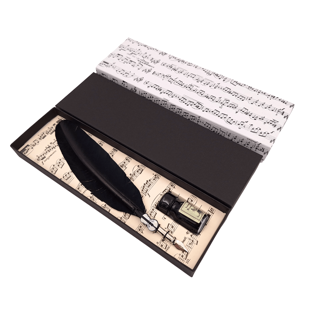 Elegante set da calligrafia con penna d'oca nera con pennino, inchiostro e possibilità di incisione personalizzata