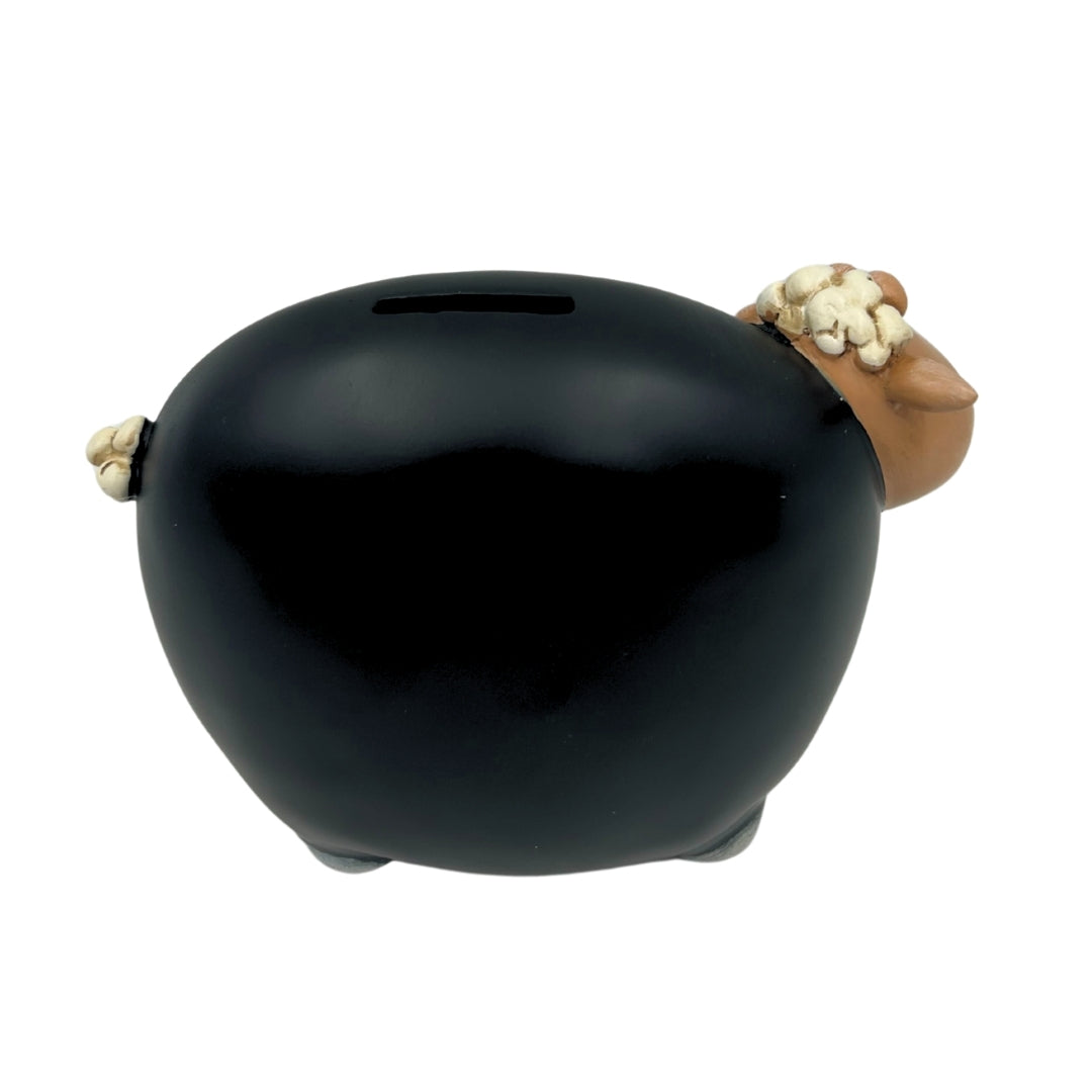 Salvadanaio Pecorella con vernice lavagna con possibilità di personalizzazione - Nero con elementi beige e bianchi, altezza 19,5 cm