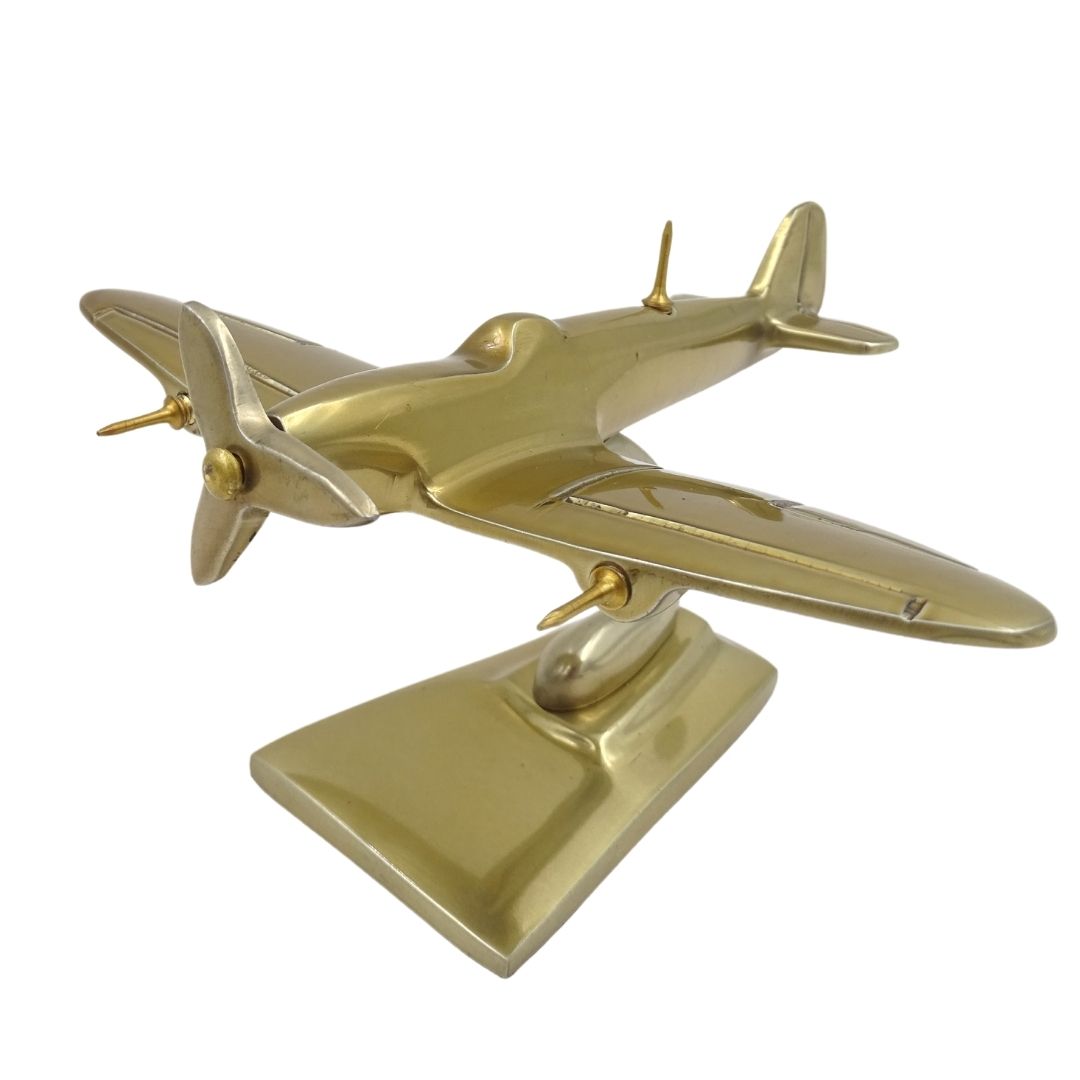 Modello di aereo Spitfire dorato WWII caccia con possibilità di personalizzazione tramite incisione – elegante regalo per appassionati di aviazione, realizzato in alluminio, dimensioni 15 × 13 × 8 cm
