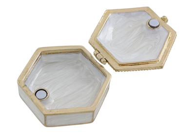 Elegante scatoletta regalo in metallo con cristalli B0035-08WH, bianco e oro, possibilità di personalizzazione tramite incisione, ideale per gioielli e piccoli oggetti, 5x5x2 cm