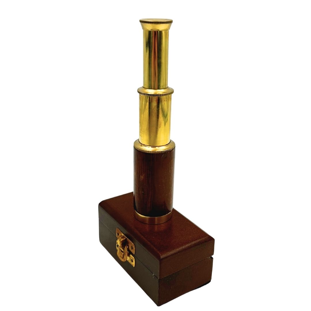 Cannocchiale in ottone con incisione in scatola di legno – elegante regalo in stile retrò, ideale per decorare ufficio o studio, altezza 15,5 cm, materiale: ottone e legno