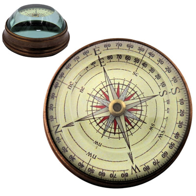 Bussola a Lente Elegante in Ottone e Vetro con Possibilità di Incisione Personalizzata - Gadget Retrò da Scrivania, Regalo Ideale per Viaggiatori - Diametro 6,3 cm, Altezza 3 cm, Colori Beige, Rosso e Nero