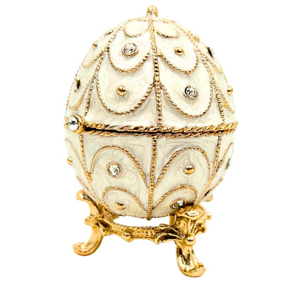 Esclusiva scatola uovo Fabergé in metallo con cristalli bianco-oro con possibilità di personalizzazione tramite incisione