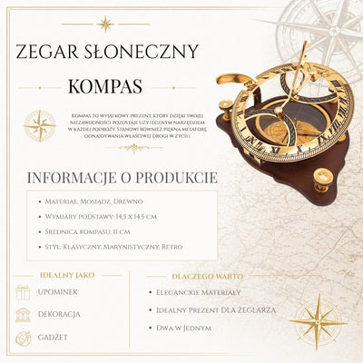 Elegante bussola in ottone con orologio solare su base in legno C064 con possibilità di incisione personalizzata