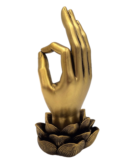Figura dorata Mano di Buddha Mudra OM con incisione - elegante decorazione da regalo - fiore di loto, 21 cm, polyresina, stile glamour