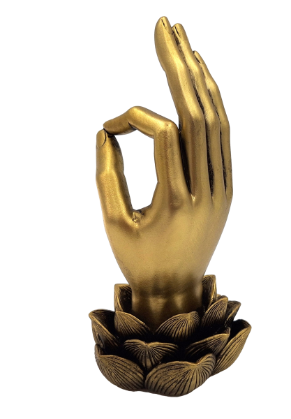 Figura dorata Mano di Buddha Mudra OM con incisione - elegante decorazione da regalo - fiore di loto, 21 cm, polyresina, stile glamour