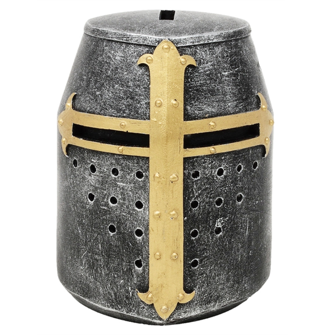 Salvadanaio elmo cavaliere crociato con personalizzazione tramite incisione – regalo unico in stile medievale, altezza 10 cm, dipinto a mano in poliresina