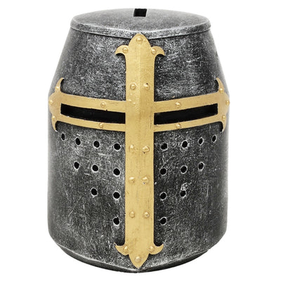 Salvadanaio elmo cavaliere crociato con personalizzazione tramite incisione – regalo unico in stile medievale, altezza 10 cm, dipinto a mano in poliresina