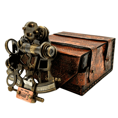 Sestante in ottone retrò in custodia di pelle - elegante strumento di navigazione con possibilità di incisione - regalo ideale per appassionati di vela e storia - dimensioni 13x12x7 cm