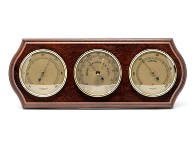 Stazione Meteorologica Fischer 9176-22 con Barometro, Igrometro e Termometro in Cornice di Ottone su Base di Mogano con Opzione di Personalizzazione Incisa