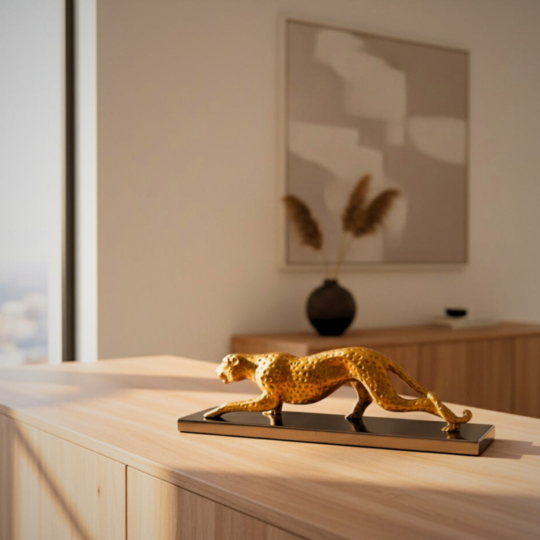 Elegante Statua Decorativa Leopardo Dorato 42 cm con Incisione Personalizzata