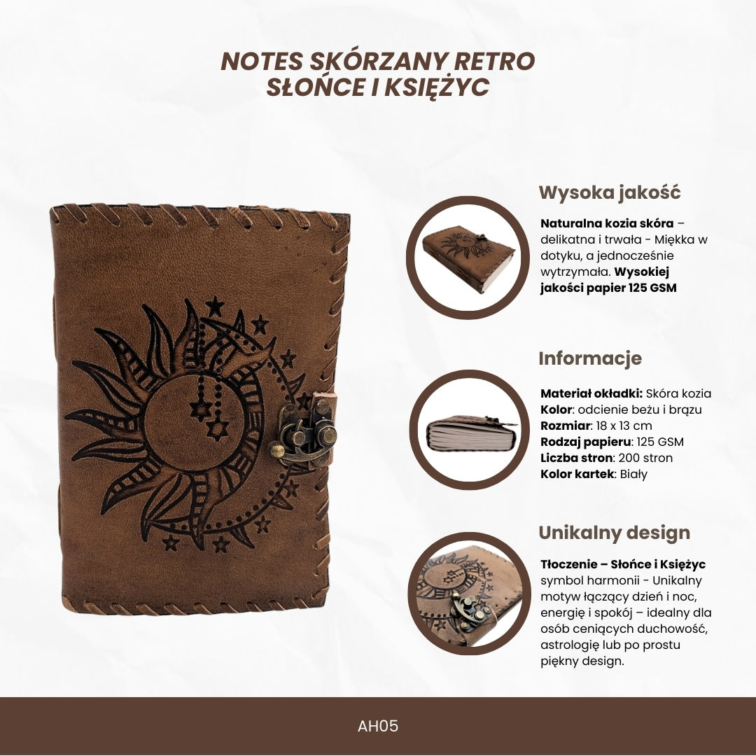 Taccuino in pelle retrò Sole e Luna 200 pagine con possibilità di personalizzazione con incisione, beige-marrone, ideale come regalo per artisti o amanti della magia quotidiana